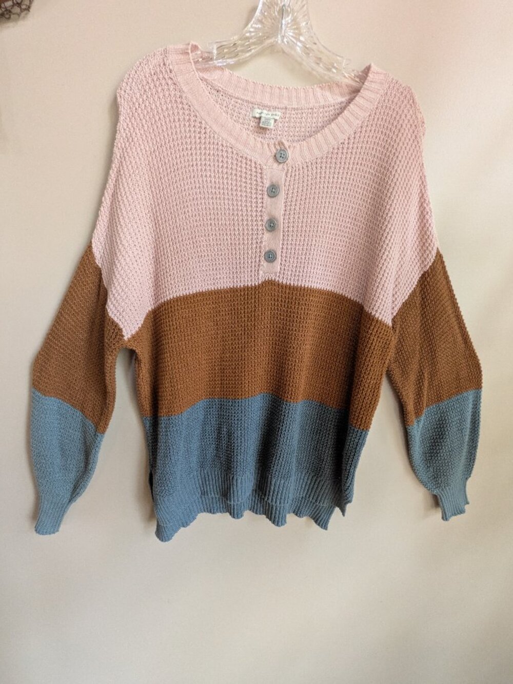 American eagle long sleeve waffle texture knit blouse pink brown blue 1/4 button